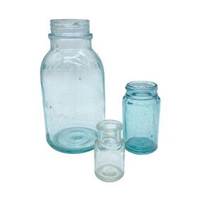 Vintage Lot of 3 Mellin's Food Jar Variety Glass Aqua Blue Clear 1 UV Reactive